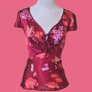 Vintage Duo Y2K Floral Satin Lace Up Top Burgundy Pink Made in USA M
